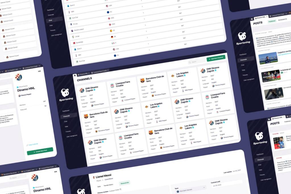 CMS dashboard showing channel-based navigation with sports team logos and content management interface